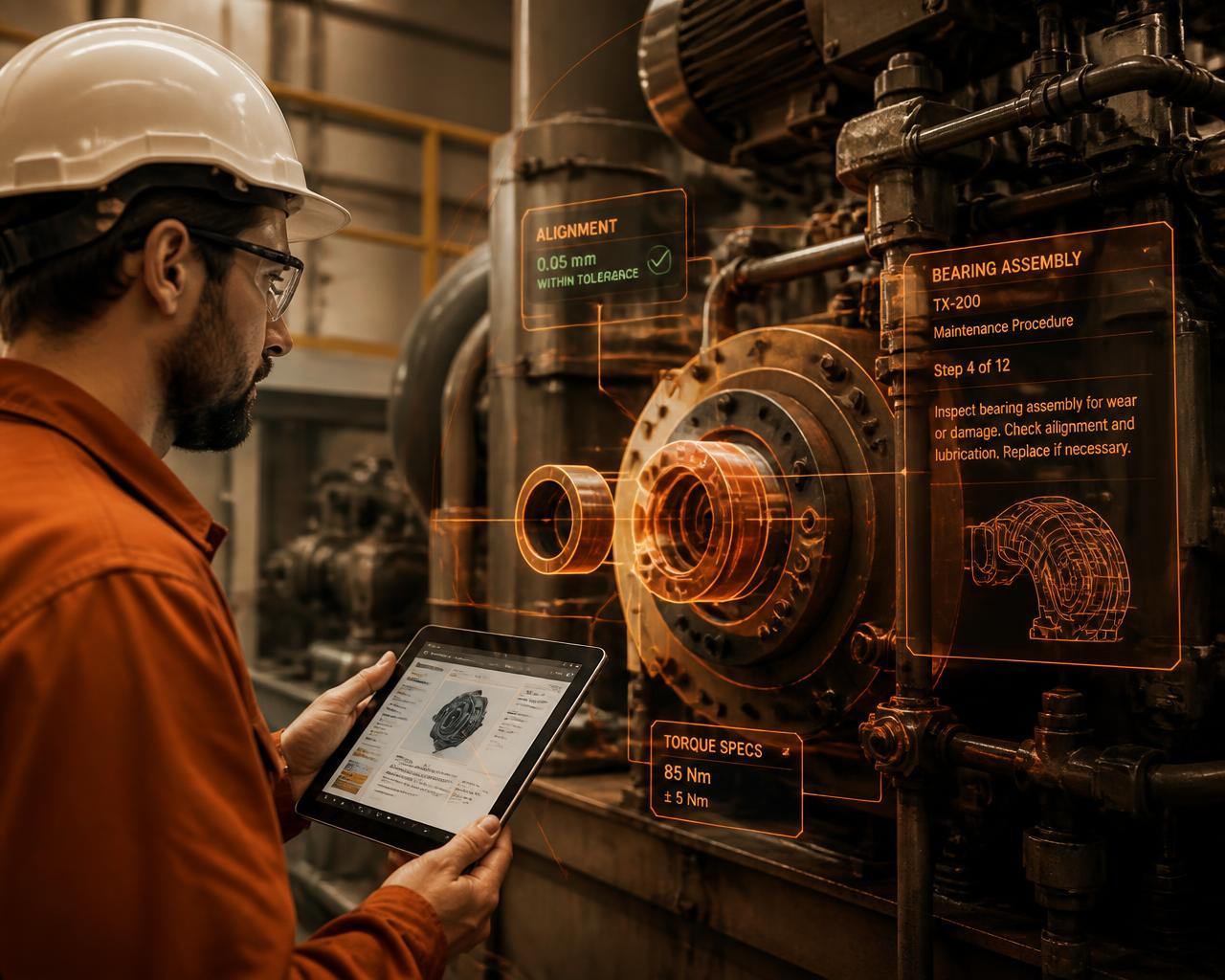 Technician following AR maintenance guidance on factory equipment