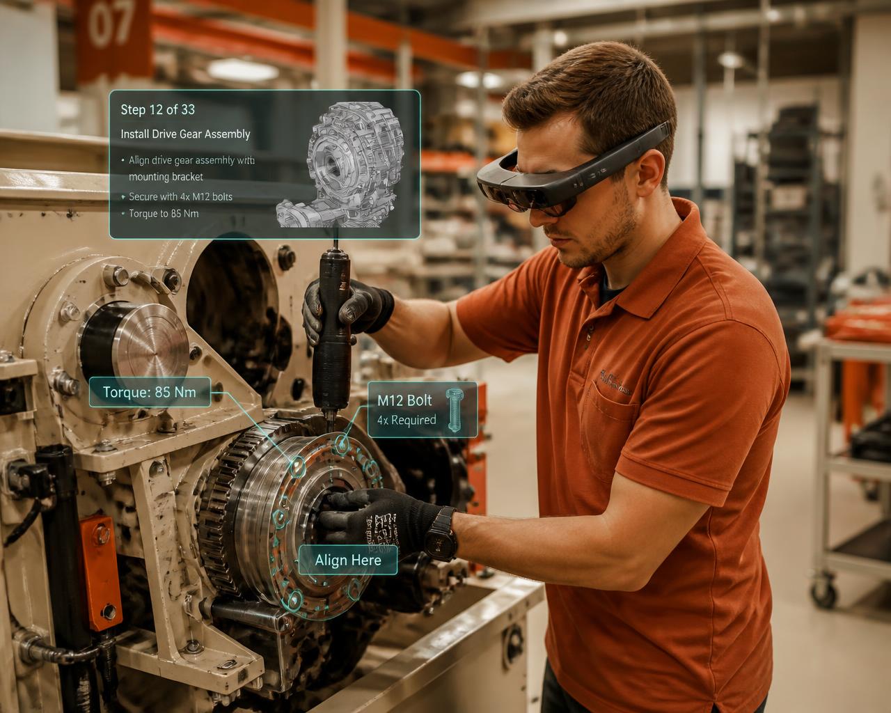Factory worker using AR glasses to assemble machinery
